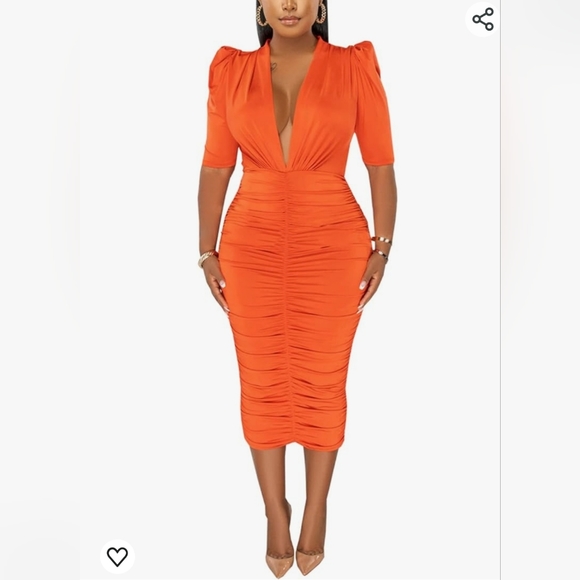 Deep v-neck ruched bodycon dress dark green size medium - Picture 4 of 8